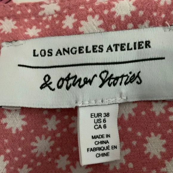 & Other Stories Pink Floral V Neck Wrap Midi Dress Ruched Puffed Sleeves SZ 6 - Picture 10 of 14